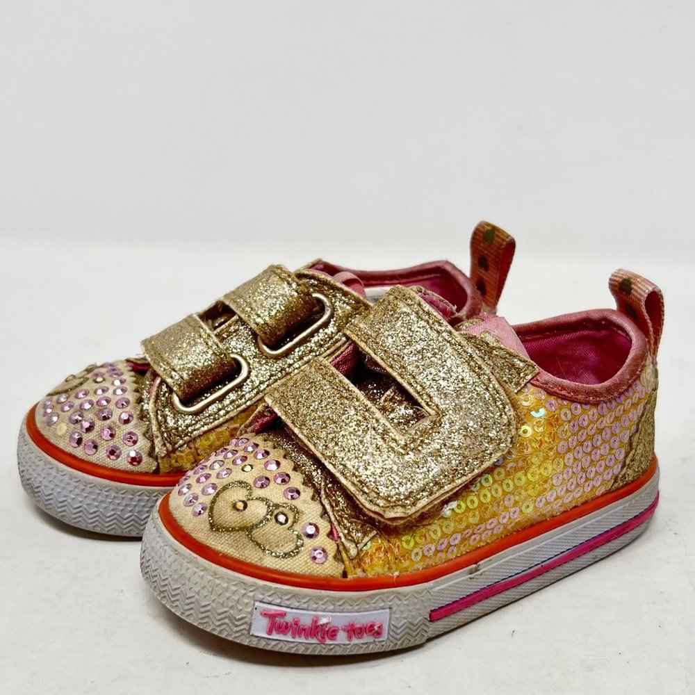 Skechers Girls Twinkle Toes Pink Gold‎ Glitter Hearts Size 5